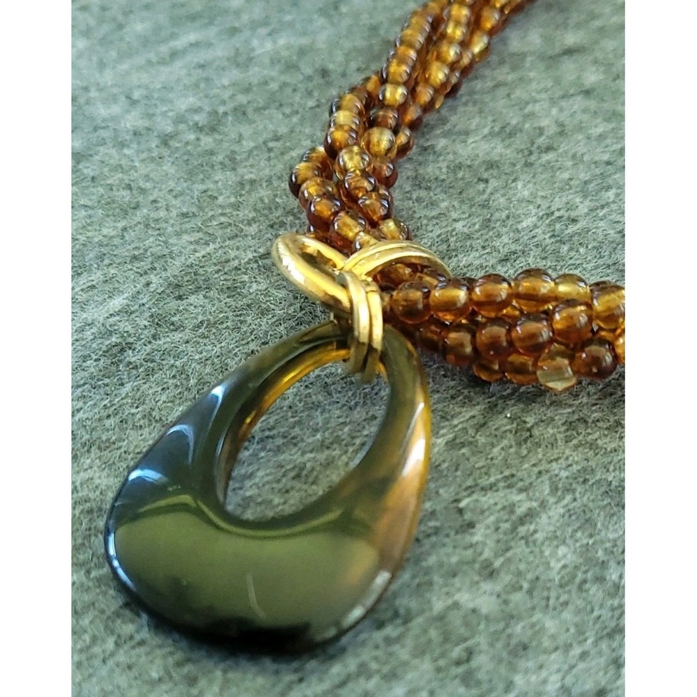 Amber Tone Multi Strand Bead Necklace Smoky Teardrop Pendant 16in 29g